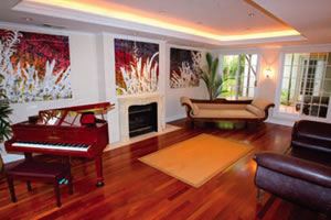Living room features gas-operated fireplace and polished natural hardwood floors