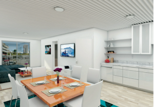 An artist rendering of a 642-square-foot, one-bedroom E unit.